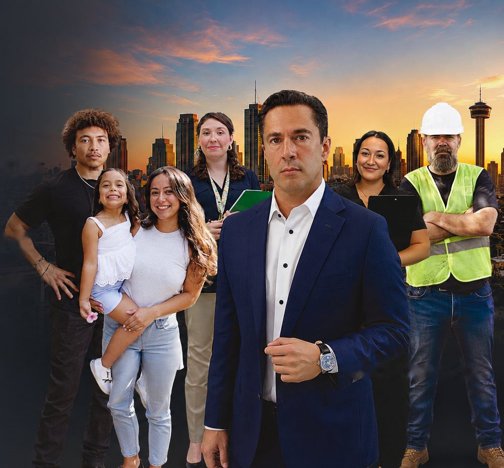 San Antonio personal injury attorney Marco Crawford with local working families, a nurse, and a construction worker